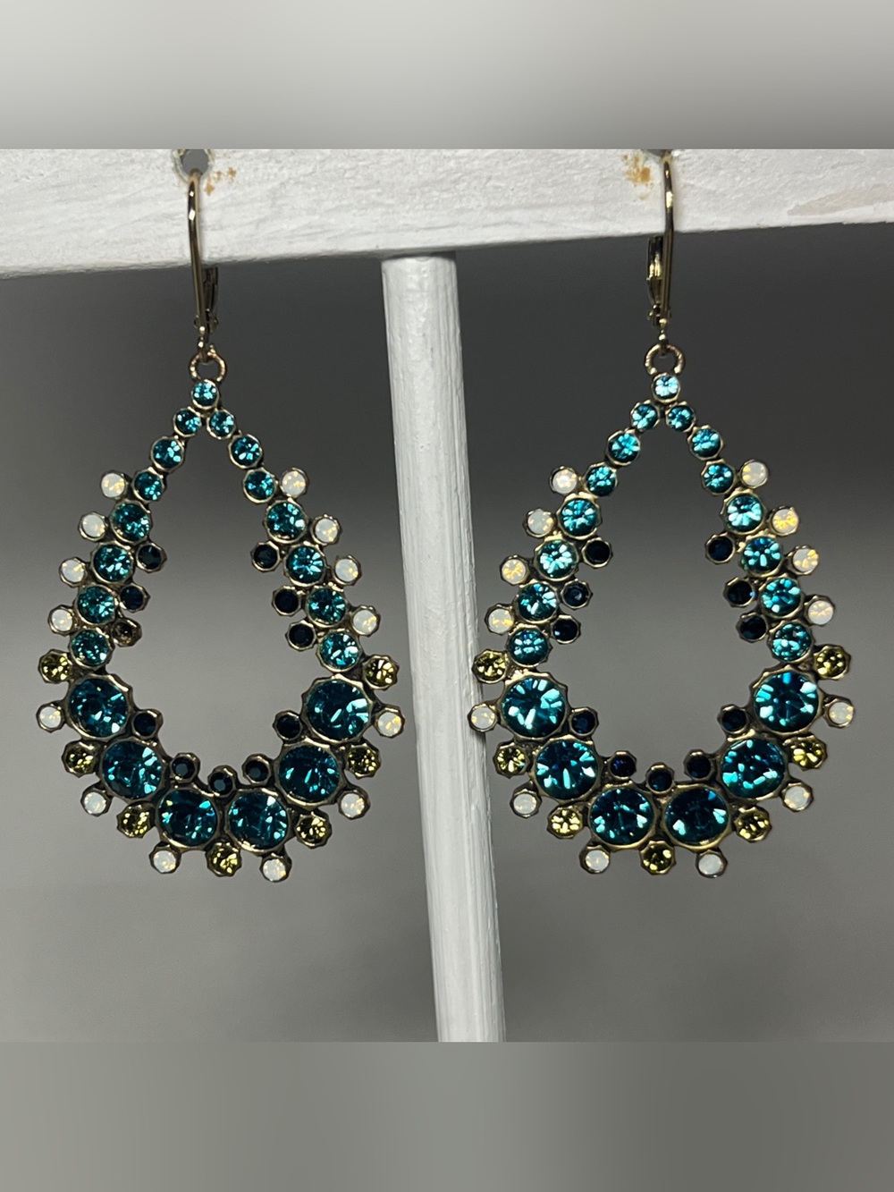 Signed GIVENCHY Green Crystal and Gold Teardrop Halo Earrings